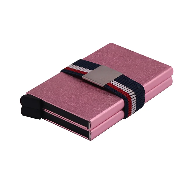 DIENQI двойной металлический держатель для кредитных карт кошелек Анти Rfid Блокировка для мужчин Смарт безопасности минималистичный кошелек стальной держатель карты чехол большой - Цвет: Pink