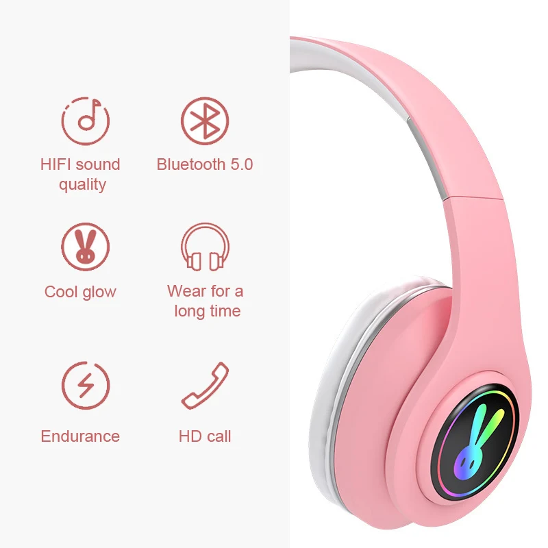 5 0 Bluetooth Headpset Cute Little Rabbit RGB LED Light Girl Kids Stereo Music Wireless Auscultadores with Microphone for xiaomi