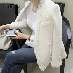 Sharezz 2019 Высококачественная женская зимняя шерстяное пальто с жемчугом и кисточками Женская винтажная теплая твидовая куртка элегантное