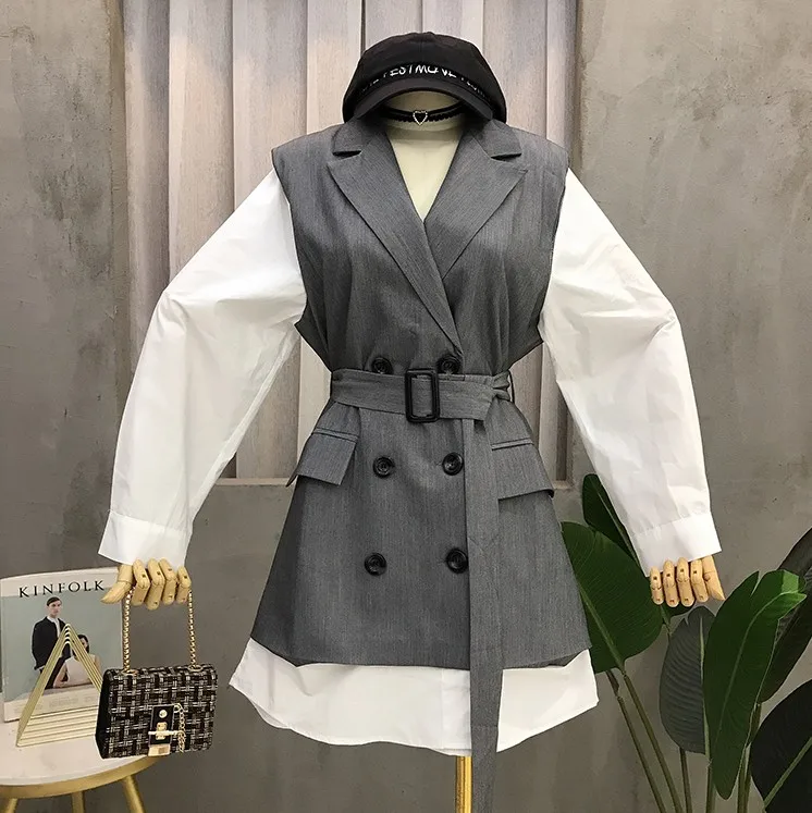 

2019 New Autumn Women's Small Fragrance Fake Two Piece Double-breasted Suit Dress Female Slim Belted Stitching Dresses