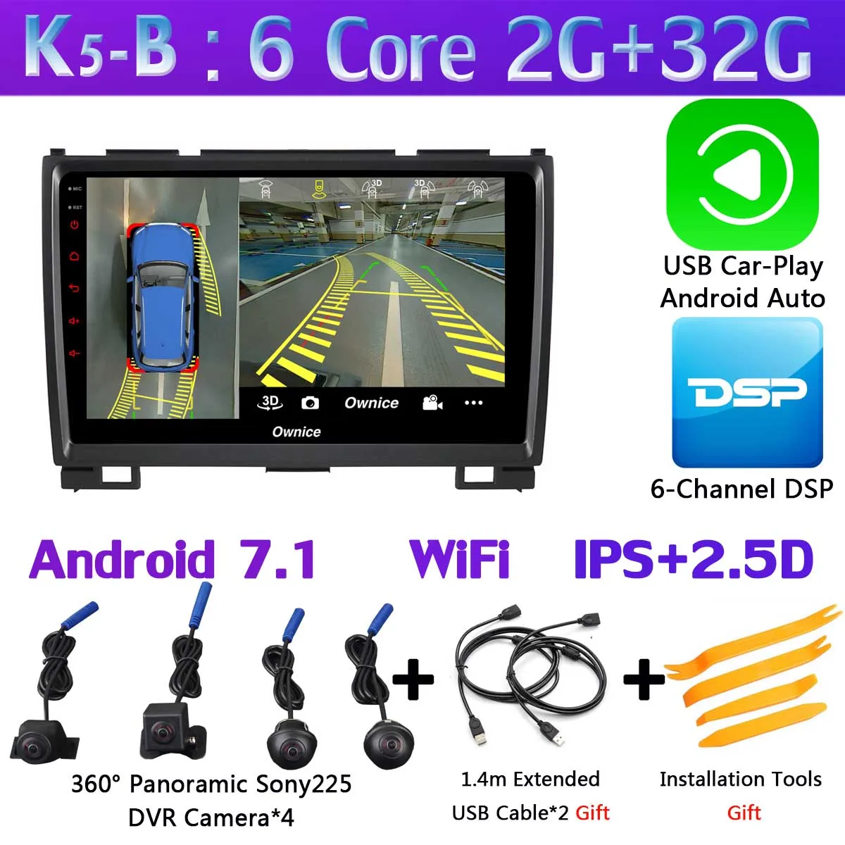 K5-B-CarPlay 360 ° Камера Android 9,0 4G+ 64G Автомобильный мультимедийный для HAVAL Hover Greatwall Защитные чехлы для сидений, сшитые специально для Great Wall H5 H3 2010-2013 gps радио SPDIF DSP CarPlay - Цвет: K5-B-CarPlay