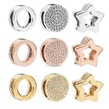 

New 925 Sterling Silver Rose Gold Crystal Stars Openwork Round Clips Charm Fit Original Pan Bracelet Women DIY Jewelry Beads