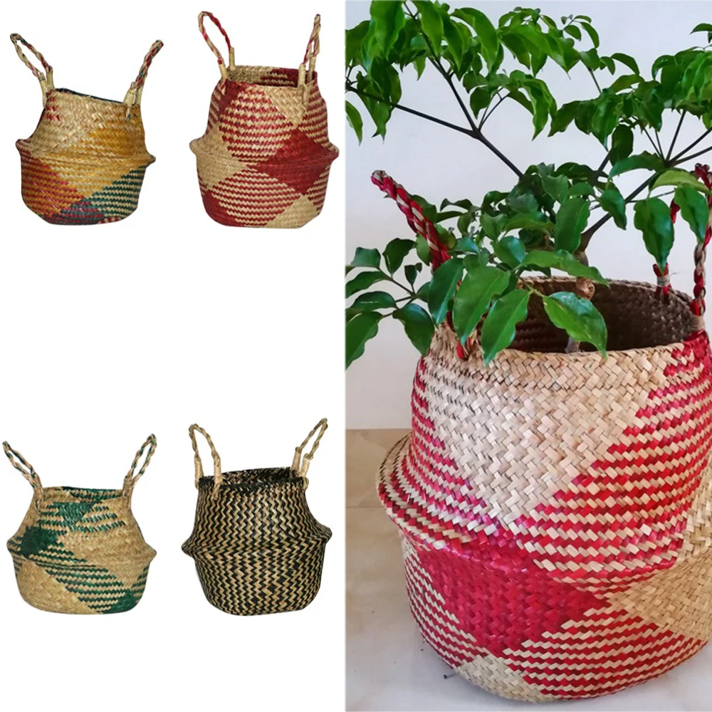 

Handmade Seagrass Wickerwork Basket Rattan Foldable Hanging Flower Pot Garden Flower Vase Hanging Basket 1 Pcs