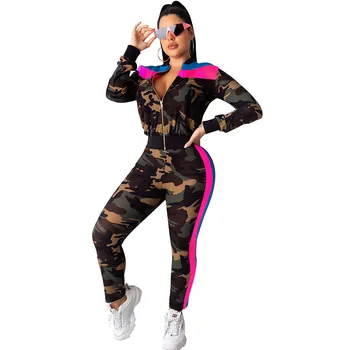 

Fall 2019 Casual Tracksuit Women 2 Piece Set Zip Jacket Top and Pants Side Striped Patchwork Camo Jogger Sweatshirt Sweat Suit