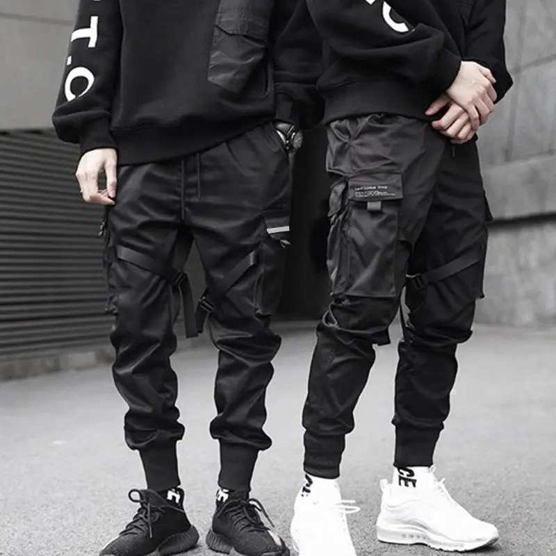 Мужские цветные черные брюки карго с лентами и карманами,, шаровары для бега, харадзюку, спортивные штаны, брюки в стиле хип-хоп
