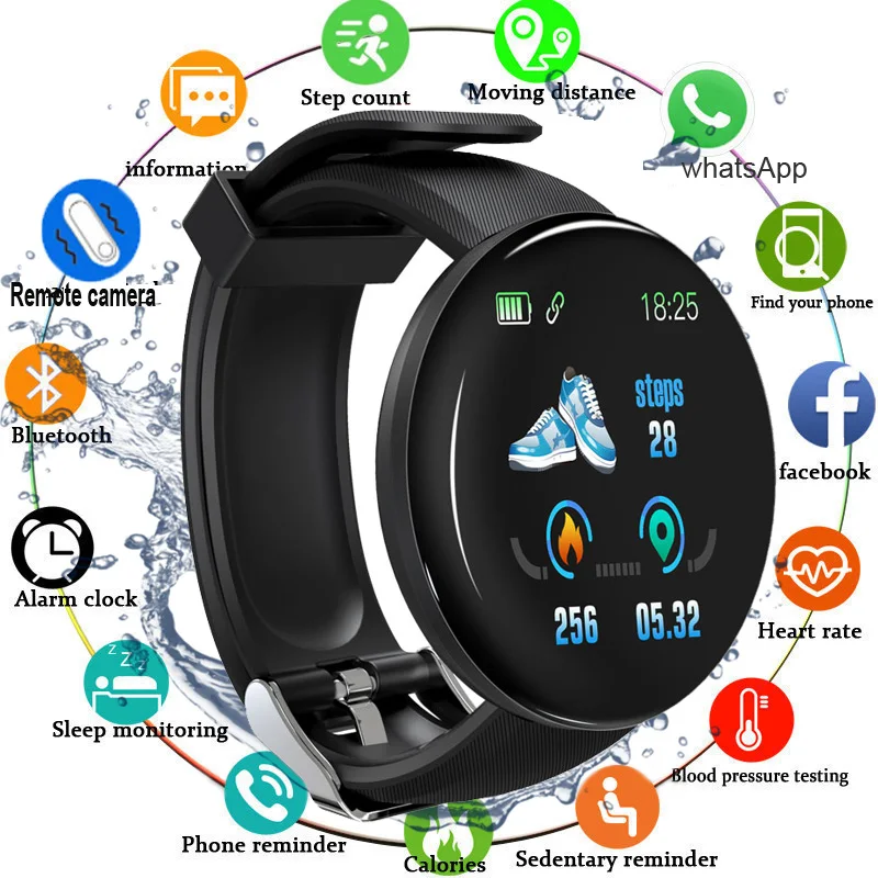 D18 Smart Watch Blood Pressure Heart Rate Monitor Waterproof Bluetooth Round Fitness Tracker Band Bracelet PK D13 D20 Y68 | Электроника