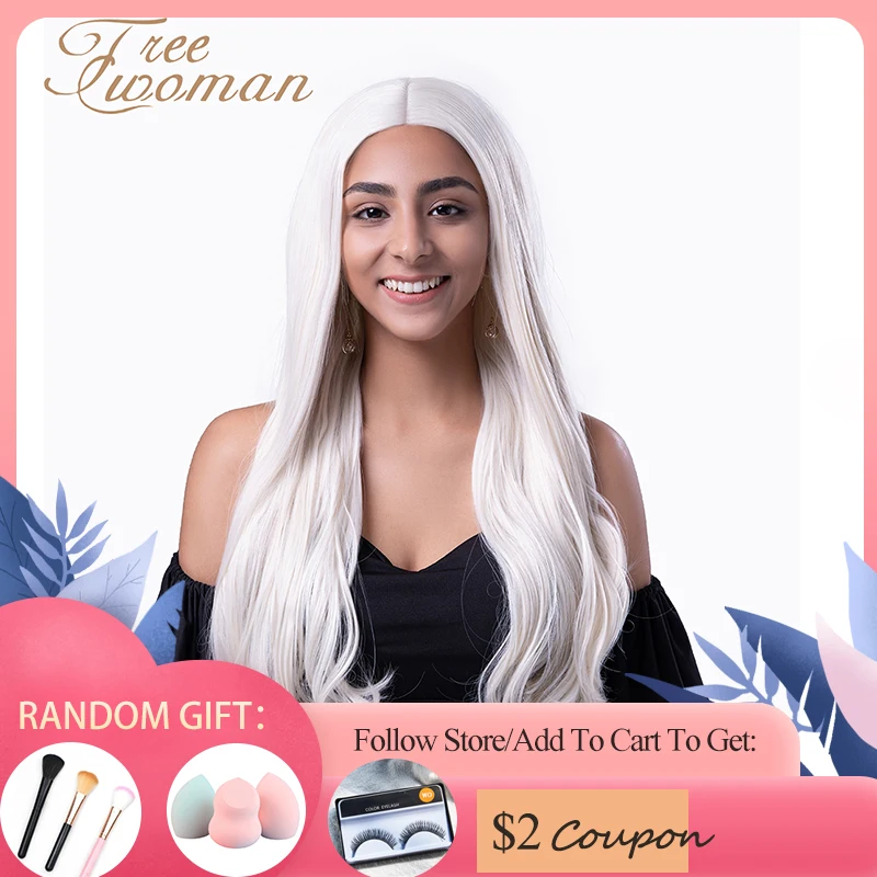 

FREEWOMAN 24in White Long Wavy Synthetic Wig Middle Part WIth Natural Hairline For Women Heat Resistant Include Wig Cap
