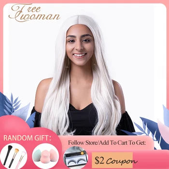 

FREEWOMAN 24in White Long Wavy Synthetic Wig Middle Part WIth Natural Hairline For Women Heat Resistant Include Wig Cap