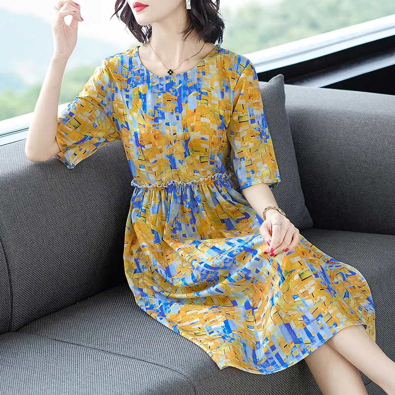 

2019 Spring Clothing New Style WOMEN'S Dress Printed Pure Ramie Dress Loose-Fit Slimming Elegant Skirt Summer