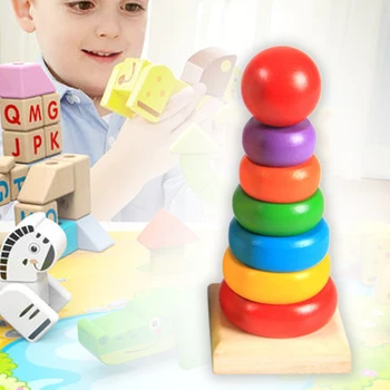 

Indoor Outdoor Interesting Wooden Blocks Home Color Recognition Interactive Playing Early Childhood Stacking Ring Toy Boys Girls