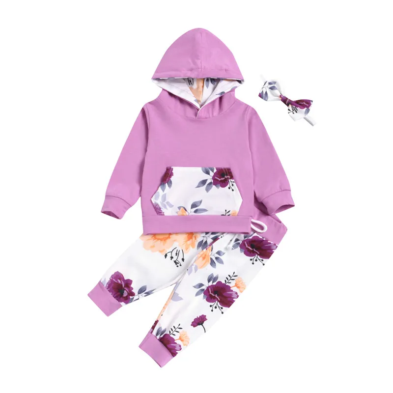 

Baby Girl\u2019s Long sleeve Hoodies Trousers 2pcs Outfits 2020 Baby Girl Pocket Hooded Tops Flower Pants Headband Clothing Set