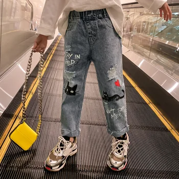 

Fashion Kids Denim Girl Toddler Jeans Spring 2020 Cartoon Cat Jean Pants Cotton Teenage Cowboy Trousers Cute Bear Trousers 3-13T