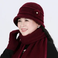 Autumn And Winter Middle-Aged And Elderly Grandmother Mother-In-Law Plus Velvet Warm Woolen Cap Scarf Hat Suit