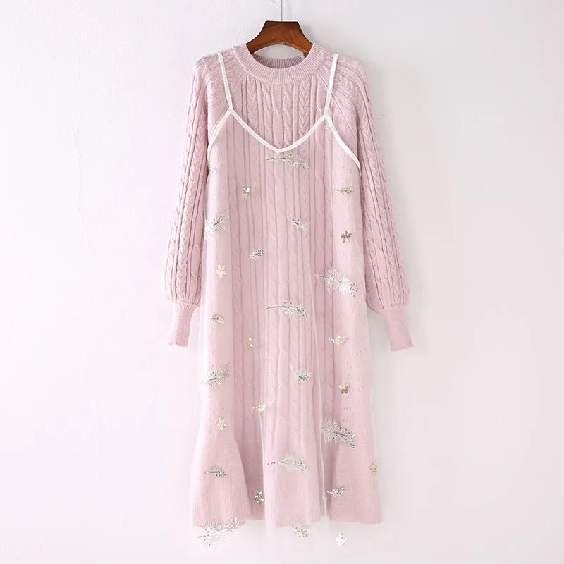 

Knitted Sweater Dress Women's Mid-length New Style Loose-Fit over-the-Knee Korean-style Two-Piece Set Underwear Base Dress Slimm