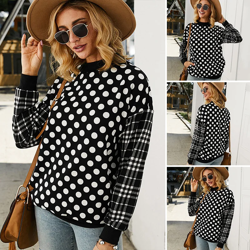 Black Women hoodies tops Polka Dot Plaid Long Sleeve Pullover Tops Splicing Casual Warm autumn lady loose fashion sweatshirt