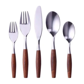 

NEW-5-Piece Cutlery Set Made of Stainless Steel, Wooden Handle,Including Knife, Fork, Spoon, Serve for Adults and Children