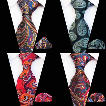

2020 New Paisley Floral Print Gold Red Blue Green Gold Silk Tie Handkerchief Sets for Men Wedding Necktie Pocket Square Set A075
