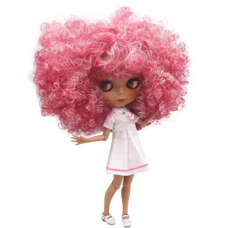 

ICY Nude Blyth doll No.QE155/2352 Pink mix red Afro hair with bangs JOINT body Black skin Matte face 1/6 BJD