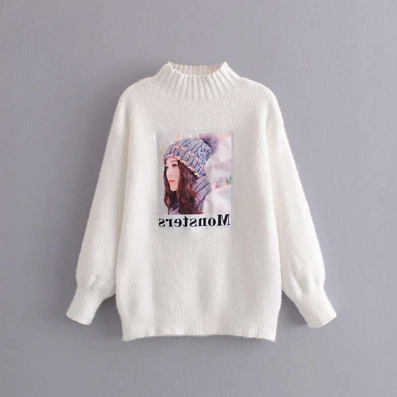 white sweater Повседневный свободный свитер со звездным светлячком и рукавом-фонариком для женщин; осень г.; свитер с высоким воротником и буквенным принтом - Цвет: white sweater