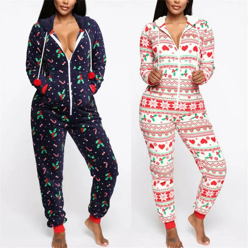 Christmas Geometric Print Romper Jumpsuit Women Red Printed Xmas Sleepwear Nightwear Hooded Zipper Fly Outfits Winter Homewear |