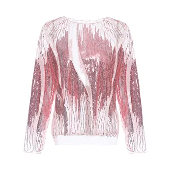 

WOMENGAGA 2020 New Sequins Patchwork Fashion Wesh O-neck Vintage Beding Girl Female Personality Long-sleeve T-shirt Casual A411