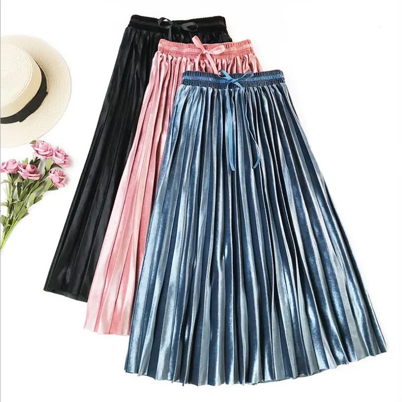 Qooth/Новинка года; сезон осень-зима; облегающая женская бархатная юбка с высокой талией; плиссированные юбки; ; qh2009