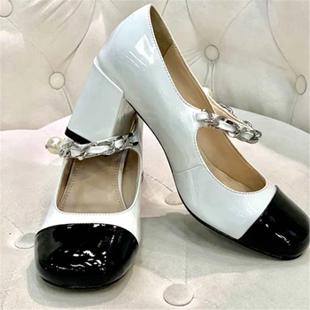 

Women Cow patent leather high heels Color matching cute pearl leather shoes Genuine Leather shoes Keep warm in autumn winter