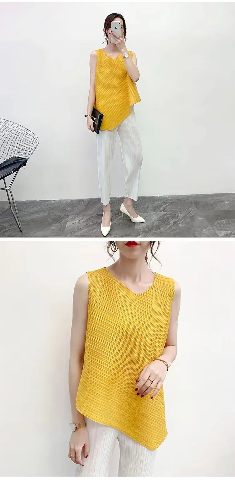 Summer Sleeveless Loose Miyak Pleated Irregular Vest T-shirt Female Casual Solid O-neck Basic Stretch Tank Top Women Clothing yellow t shirt