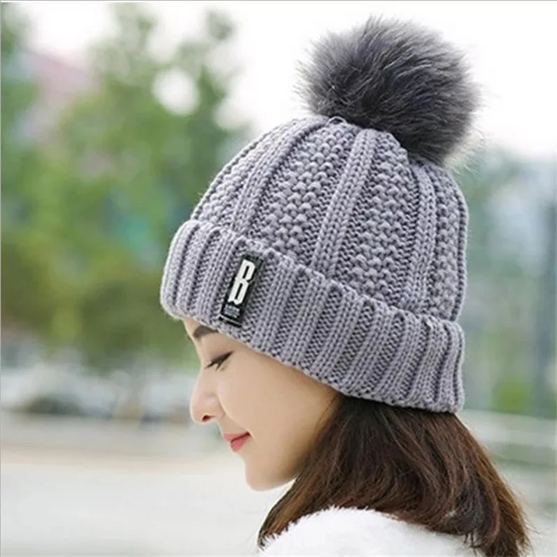 Korean fashion wool hat Knitted hat ladies autumn and winter wild cute hair ball cap thickening ear protection warm hat - Color: gray
