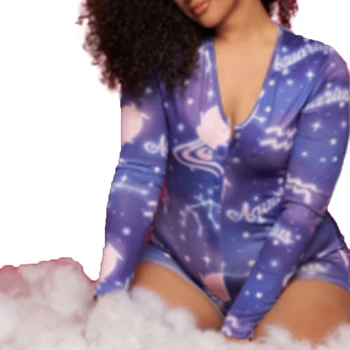

Women Long Sleeve Bodycon Deep V-Neck Jumpsuit Bodysuit Romper Tops Sleepwear Pajamas Casual Homewear Print