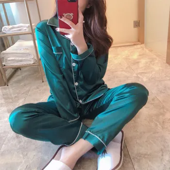 

Korean Pajamas for Women 2020 Spring Summer Silk Female Sleepwear Set Soild Pijama De Seda Feminino Girls Satin Pyjamas Femme