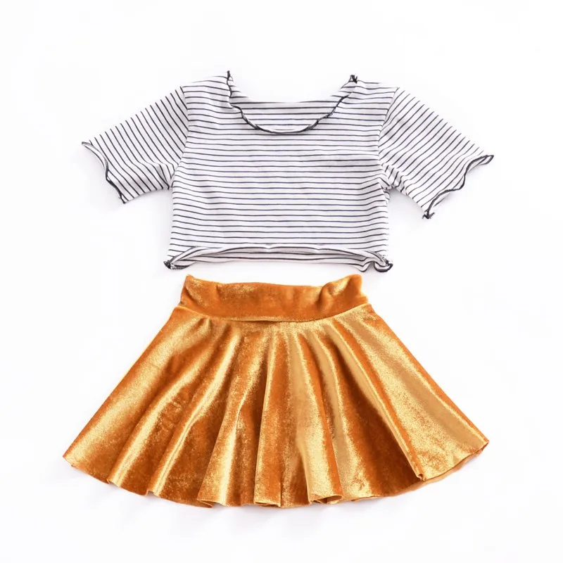 

2pcs Girl Dress Set Kids Baby Girl Stripe Short Sleeve Top T-shirt +Velvet Skirt Outfit Clothes 6M-3T