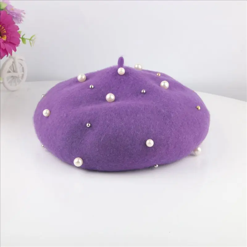 Dark Purple Dilidala, новинка, женский берет для женщин, милая и милая теплая шерстяная фетровая шапка с жемчугом, осенняя и зимняя шапка конфетного цвета с тыквой - Цвет: Dark Purple