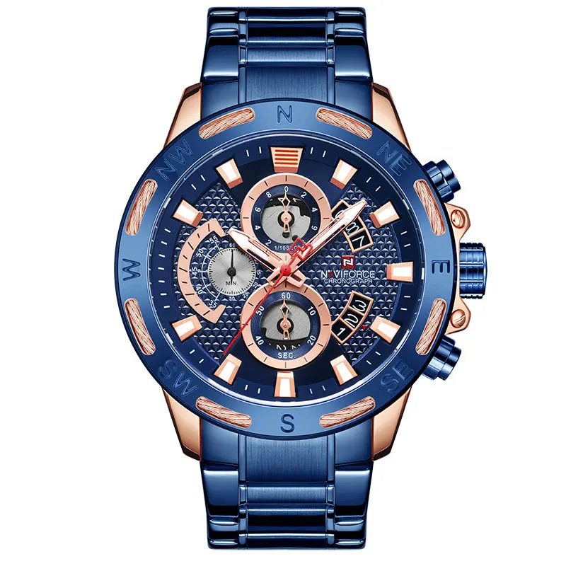 RoseGold Blue NAVIFORCE мужские наручные часы Топ люксовый бренд военные мужские часы хронограф аналоговые кварцевые часы для мужчин Relogio Masculino - Цвет: RoseGold Blue