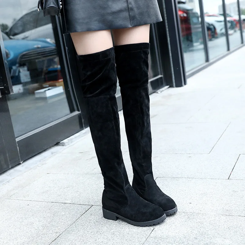LZJ/ г. Женские размеры 34-41, новые модные зимние высокие сапоги до бедра теплые кожаные женские ботфорты из искусственной замши на высоком каблуке