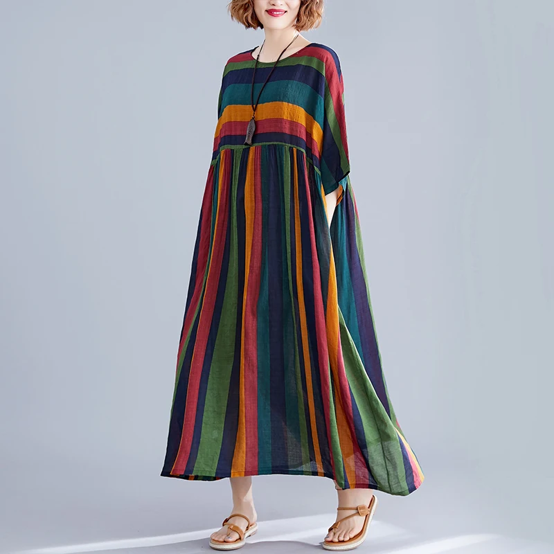 #0471 Colord Striped Dresses Women Short Sleeved Casual Vintage Linen Dress Long Loose O Neck Oversized Midi Dress Summer #0471 Colord Striped Dresses Women Short Sleeved Casual Vintage Linen Dress Long Loose O Neck Oversized Midi Dress Summer