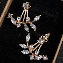 Популярные серьги-гвоздики с кристаллами в виде листьев золотого цвета, женские серьги-гвоздики с задней манжетой, массивное ювелирное изделие, женские серьги-гвоздики