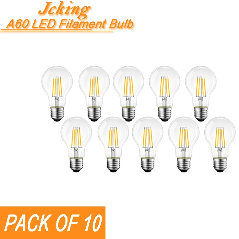 

Pack of 10 JCKing A60 Dimmable 2W/4W/6W/8W E26/E27 Base LED Filament Bulbs Clear Glass LED Vintage Edison Bulbs