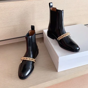 

Combat Boots 2020 Black Leather Winter Shoes Woman Chain Decor Ankle Booties Slip On Botas Mujer Warm Round Toe Chaussures Femme