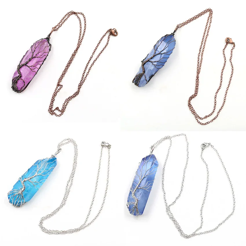 YJXP Wire Winding Tree of life Pendant Necklaces Colorful Irregular Natural Crystal Pillar Women Men Reiki Amulet Charms Jewelry | Украшения