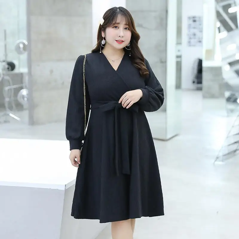 3XL 4XL зимнее женское трикотажное платье большого размера осеннее женское офисное трикотажное платье с v-образным вырезом плюс размер ТРАПЕЦИЕВИДНОЕ повседневное вечернее платье - Цвет: Black