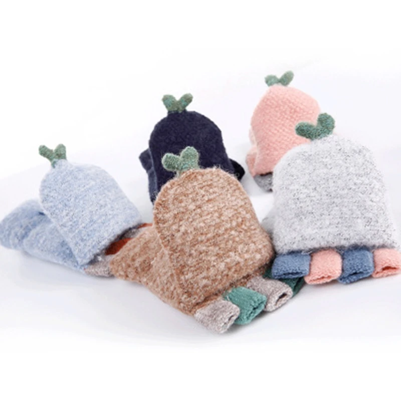 

2020 New Cute Knitted Gloves Half-Finger Flip Cover Ladies Winter Running Outdoor Sports Women Velvet Kawaii Warm Student Gloves