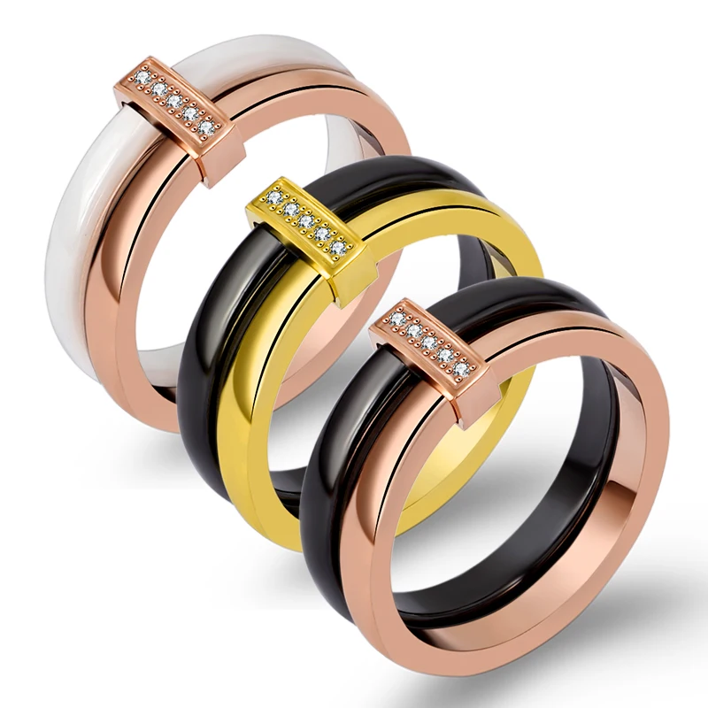 Модное классическое керамическое кольцо для женщин, свадебное кольцо белого и черного цвета, роскошное Двухрядное кольцо из нержавеющей стали с кристаллами