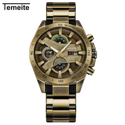 Bronze Green TEMEITE брендовые модные мужские часы Quart многофункциональные часы с хронографом и календарем светящаяся рука водонепроницаемые стальные подарки часы для мужчин s - Цвет: Bronze Green