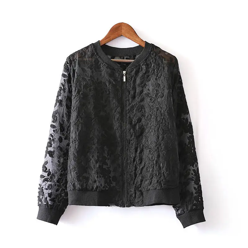 

Spring Summer Short Coat Stand Collar Bomber Jacket Organza Lace Jacket Women Black White Women Casual Jackets HK280