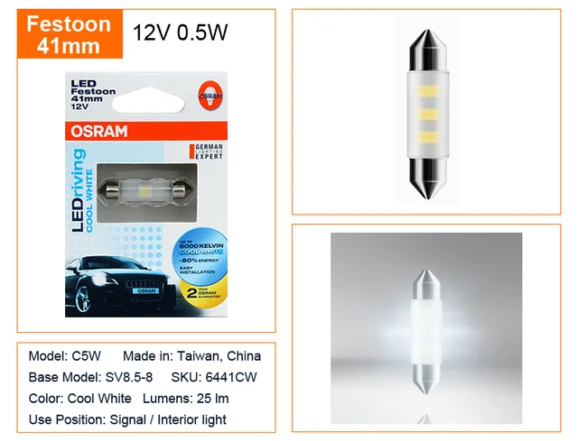 OSRAM LED Festoon 31mm 36mm 41mm C5W LEDriving Standard 6000K Cool