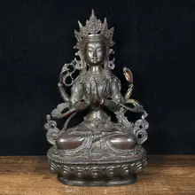 

Home Decor 8" Tibet Buddhism Temple Old Bronze Cinnabars Four-armed Guanyin Buddha The patron saint of snowy Tibet Amitabha