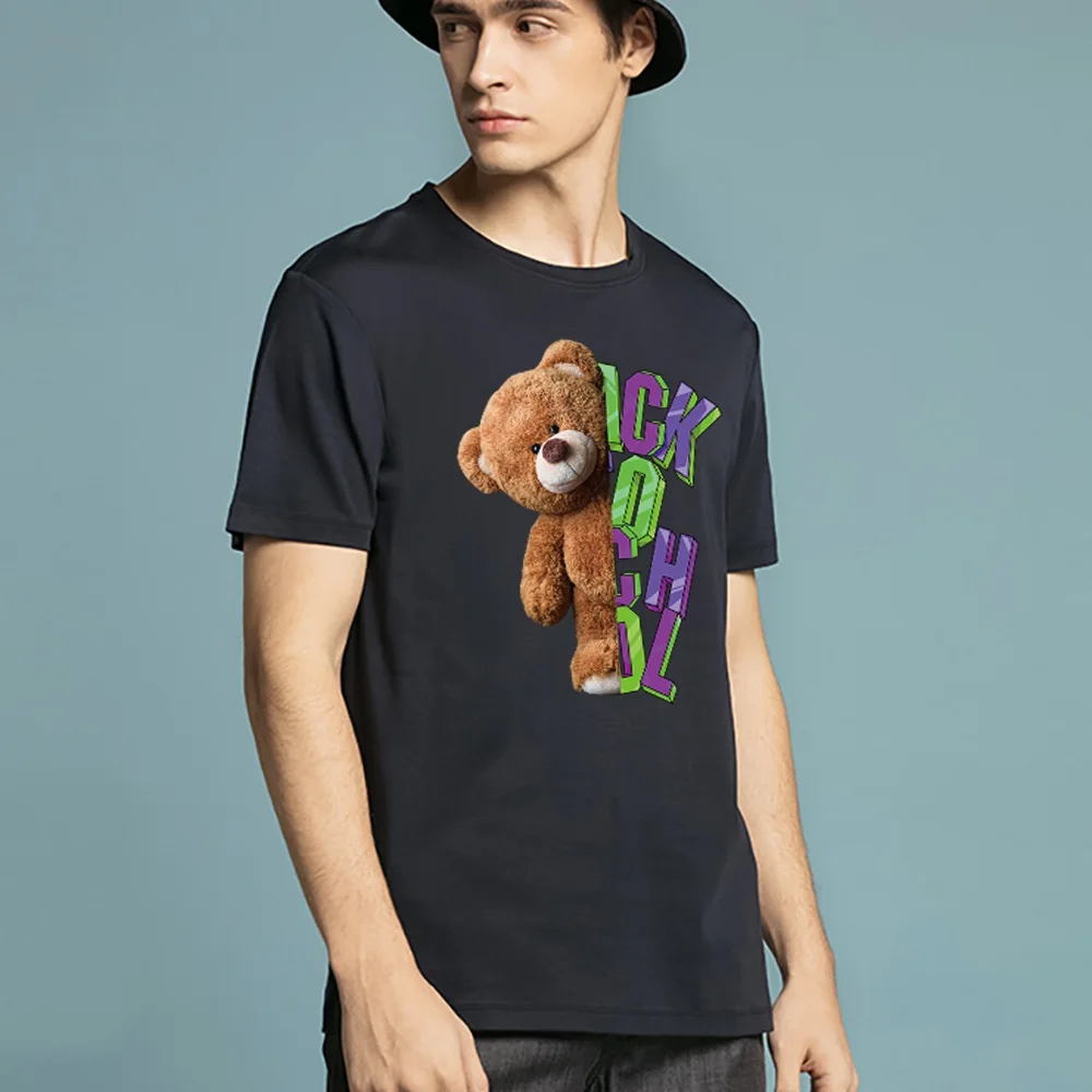2022 Summer Bear Print Short-sleeved T-shirt Male Short Sleeved Summer Casual Loose O-Neck Tees Harajuku Streetwear Men T Shirt