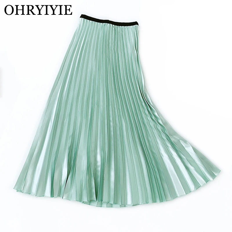 

OHRYIYIE High Waist Shiny Bright Side PU Skirts Women 2019 Autumn Winter Fashion Long High Waist Office Lady Pleated Skirt Femme