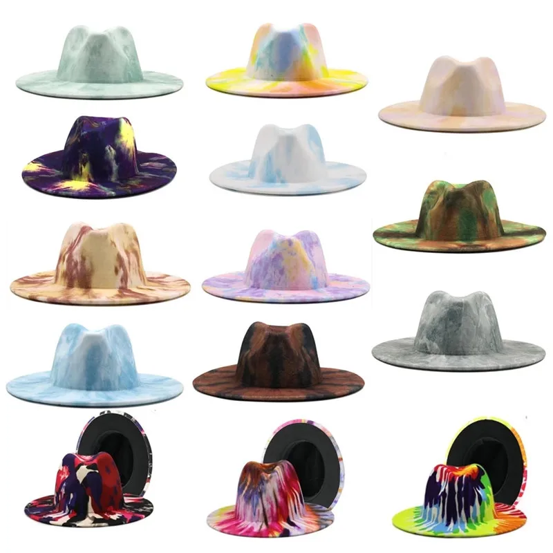 

Tie Dyed Special Style Wide Brim Fedora Panama Hat colorful woolen jazz hat men women felt hat wool-like Panama hat